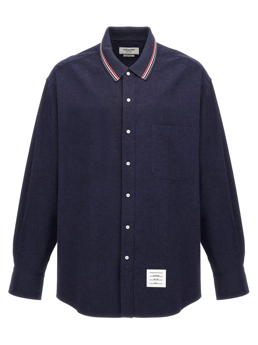 Thom Browne RWB Shirt Premium Cotton Blue Flannel For Men Oversized Fit With Knit Collar And Signature RWB Detail