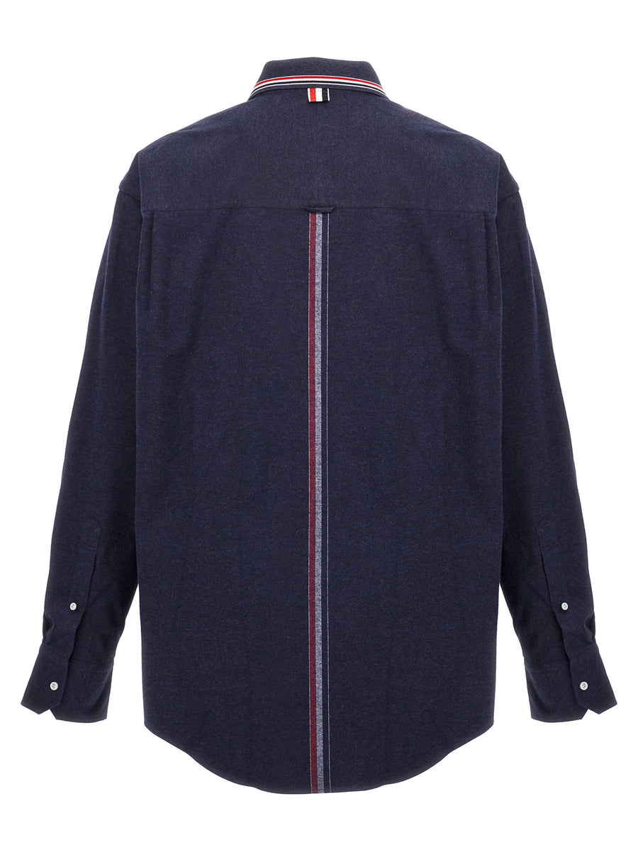Thom Browne RWB Shirt Premium Cotton Blue Flannel For Men Oversized Fit With Knit Collar And Signature RWB Detail
