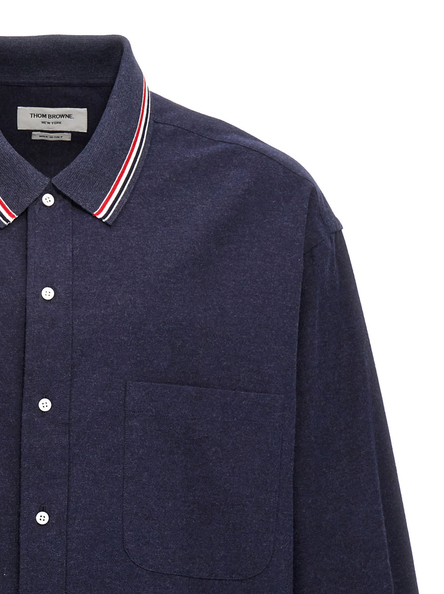 Thom Browne RWB Shirt Premium Cotton Blue Flannel For Men Oversized Fit With Knit Collar And Signature RWB Detail