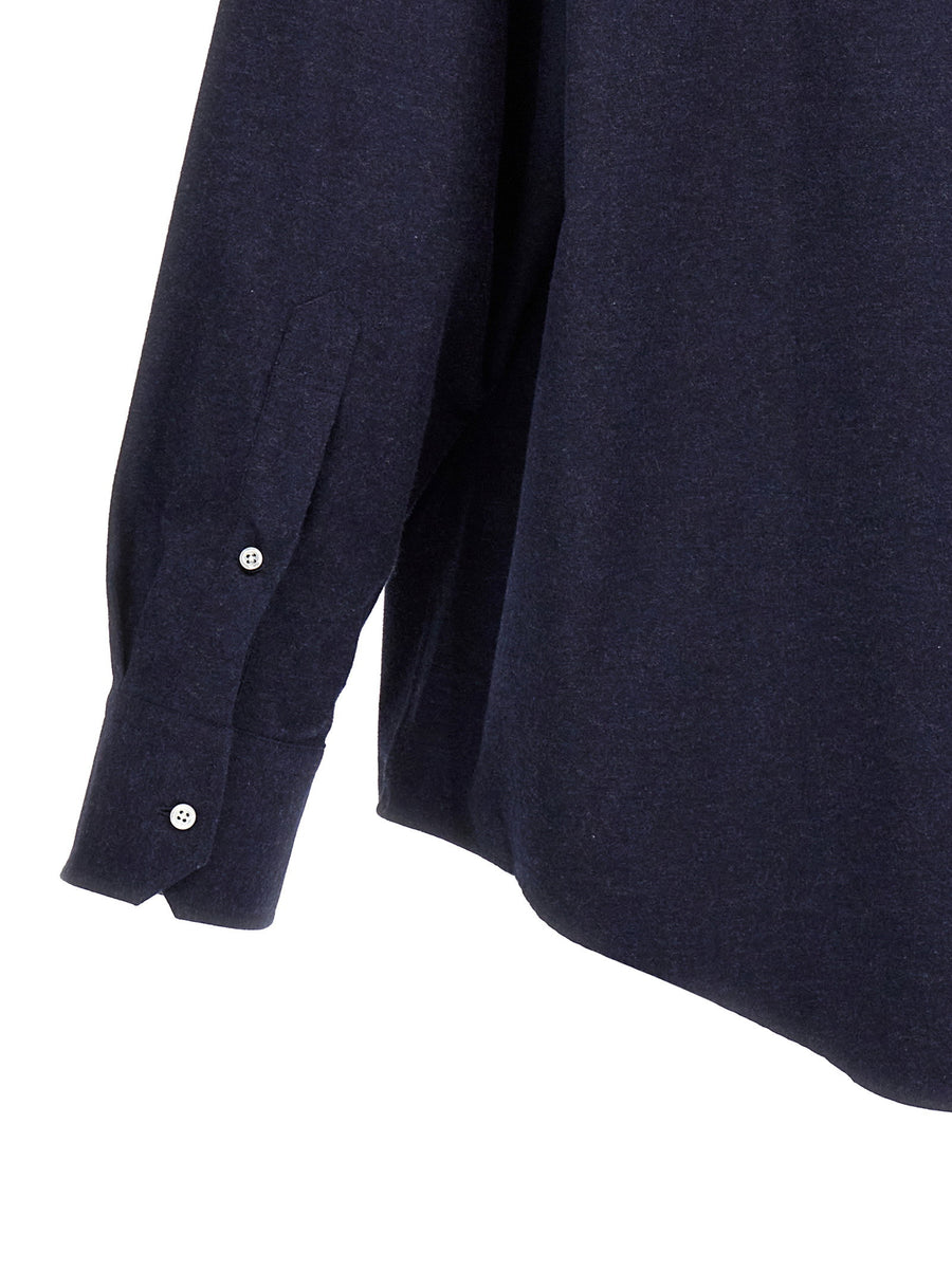 Thom Browne RWB Shirt Premium Cotton Blue Flannel For Men Oversized Fit With Knit Collar And Signature RWB Detail