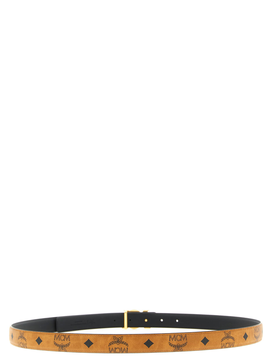 MCM Logo Buckle Monogram Print Leather Belt Brown for Women