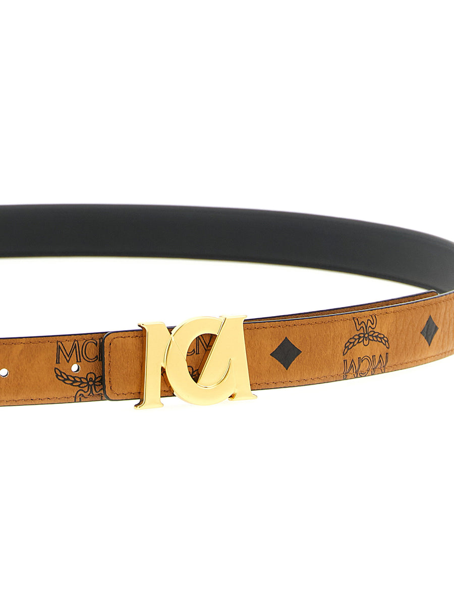 MCM Logo Buckle Monogram Print Leather Belt Brown for Women