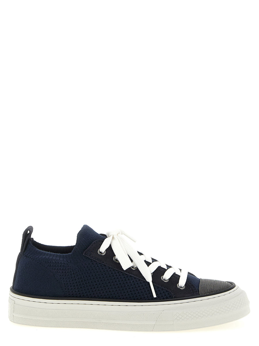Brunello Cucinelli Precious Toe Sneakers Blue Cotton Knit For Women EU Size Lightweight Luxury