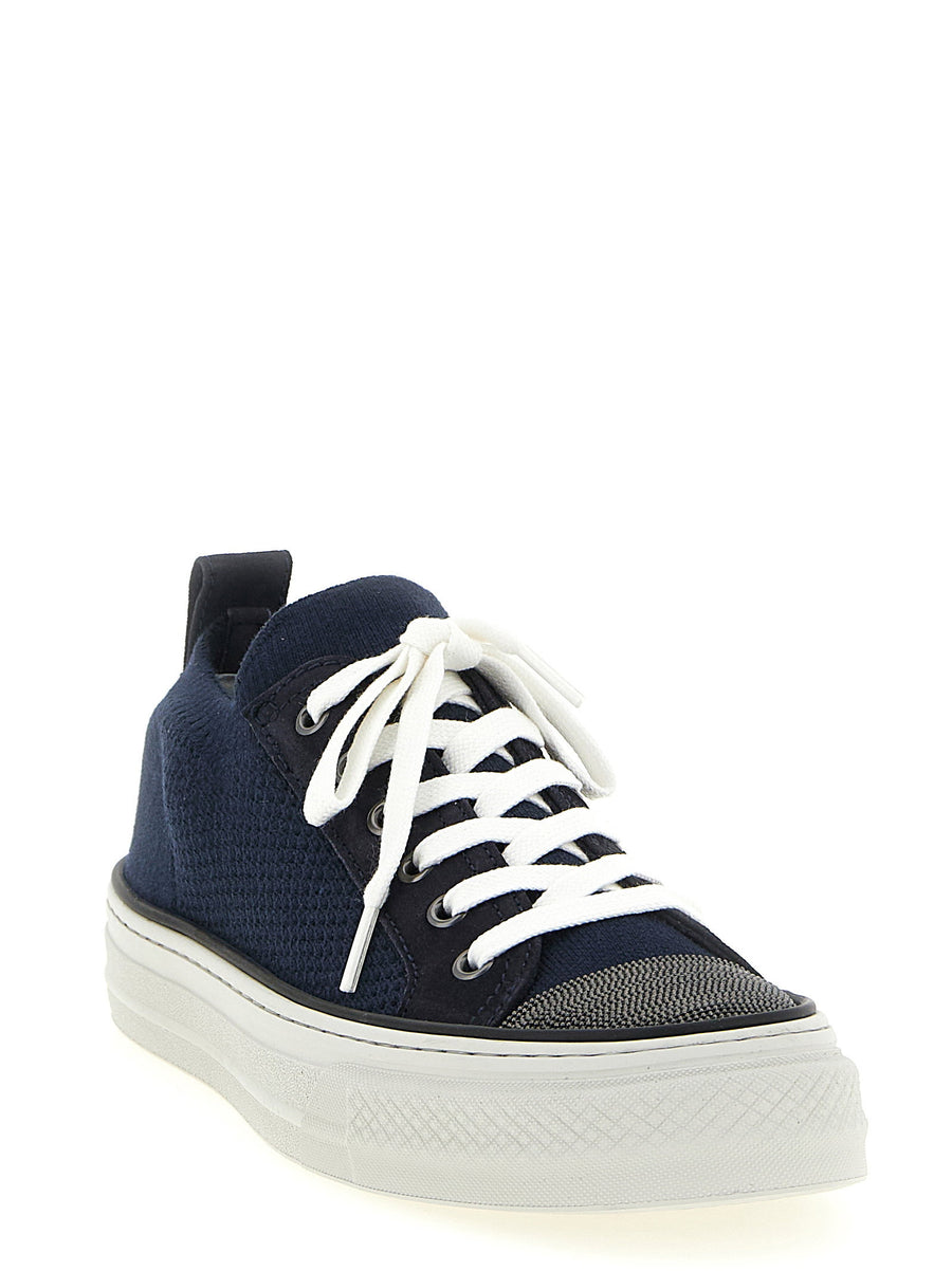 Brunello Cucinelli Precious Toe Sneakers Blue Cotton Knit For Women EU Size Lightweight Luxury
