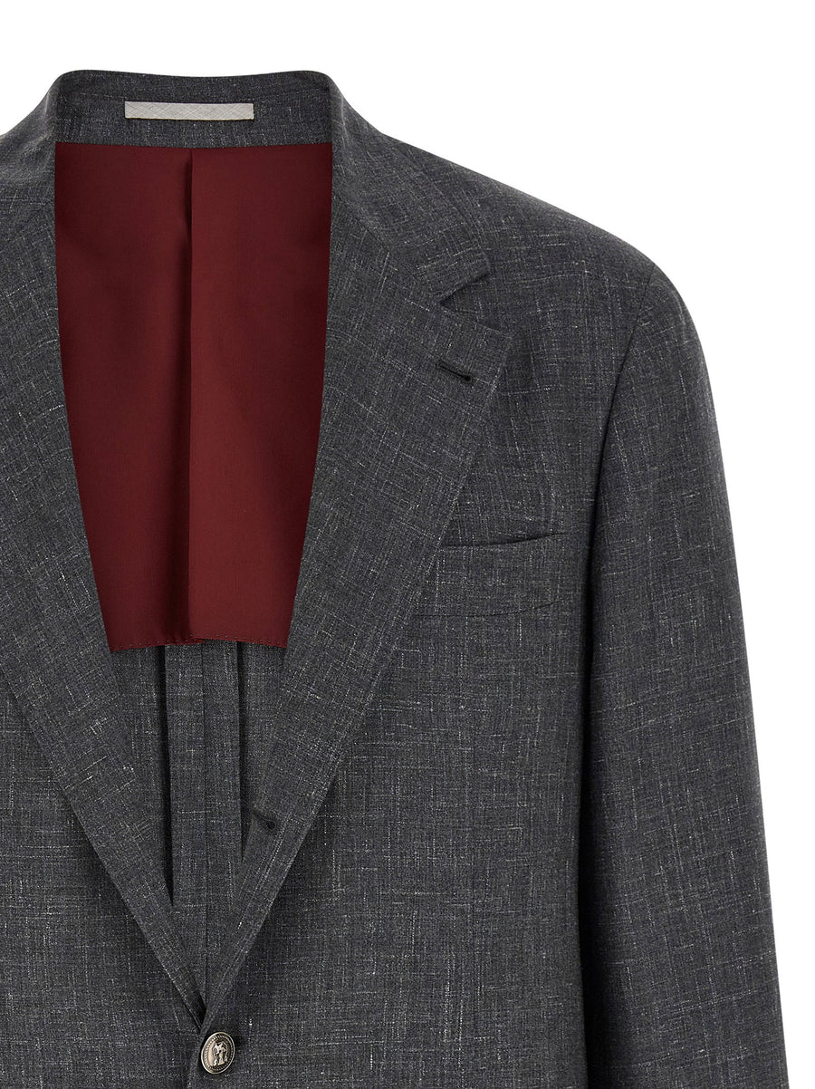 Brunello Cucinelli Gray Flamed Wool Silk Linen Blazer Women