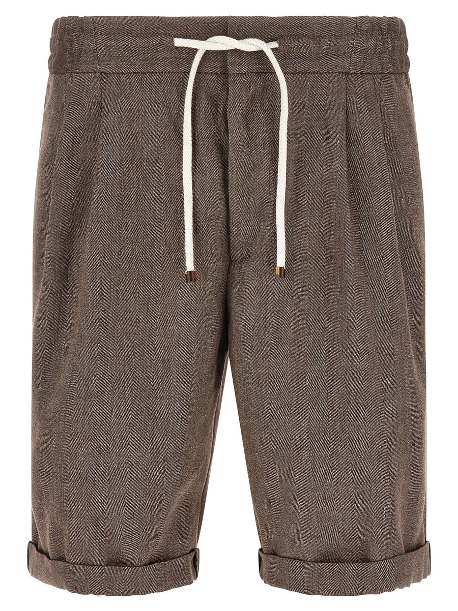 Brunello Cucinelli Brown Linen And Virgin Wool Bermuda Shorts With Chevron Weave