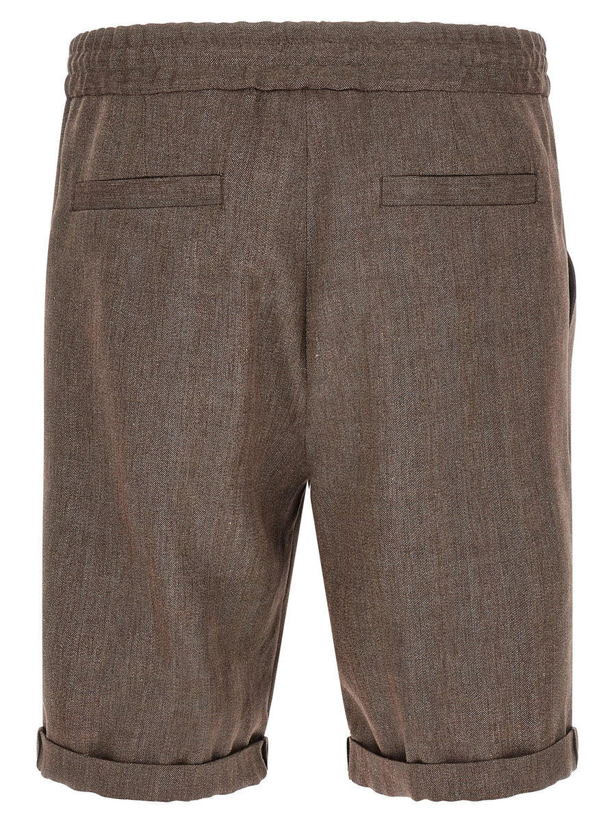 Brunello Cucinelli Brown Linen And Virgin Wool Bermuda Shorts With Chevron Weave