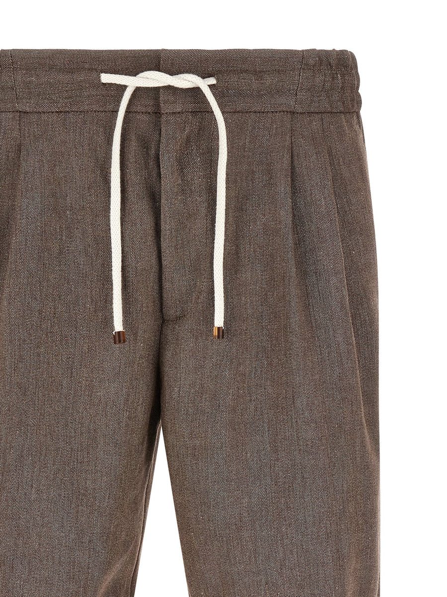 Brunello Cucinelli Brown Linen And Virgin Wool Bermuda Shorts With Chevron Weave