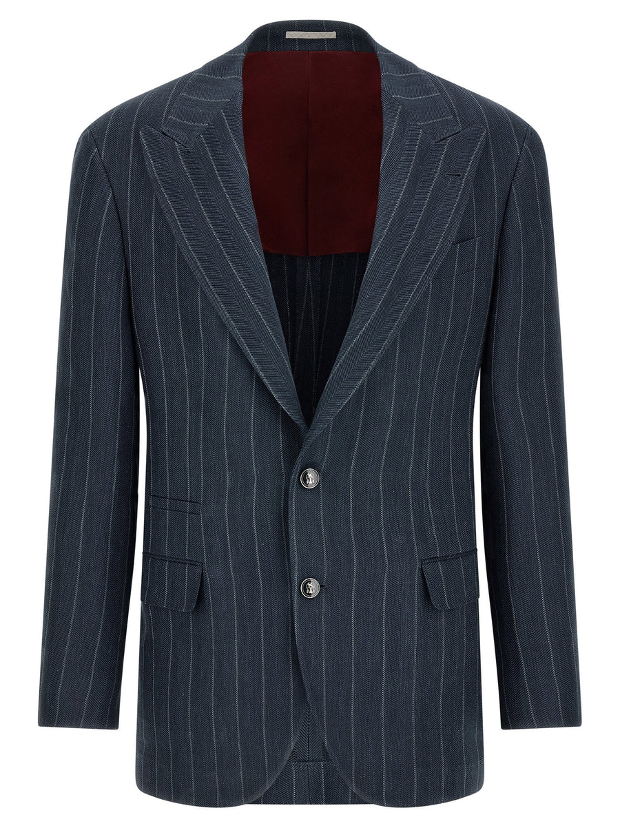 Brunello Cucinelli Hemp Silk Tailor Blazer For Men In Blue Premium Structured Jacket