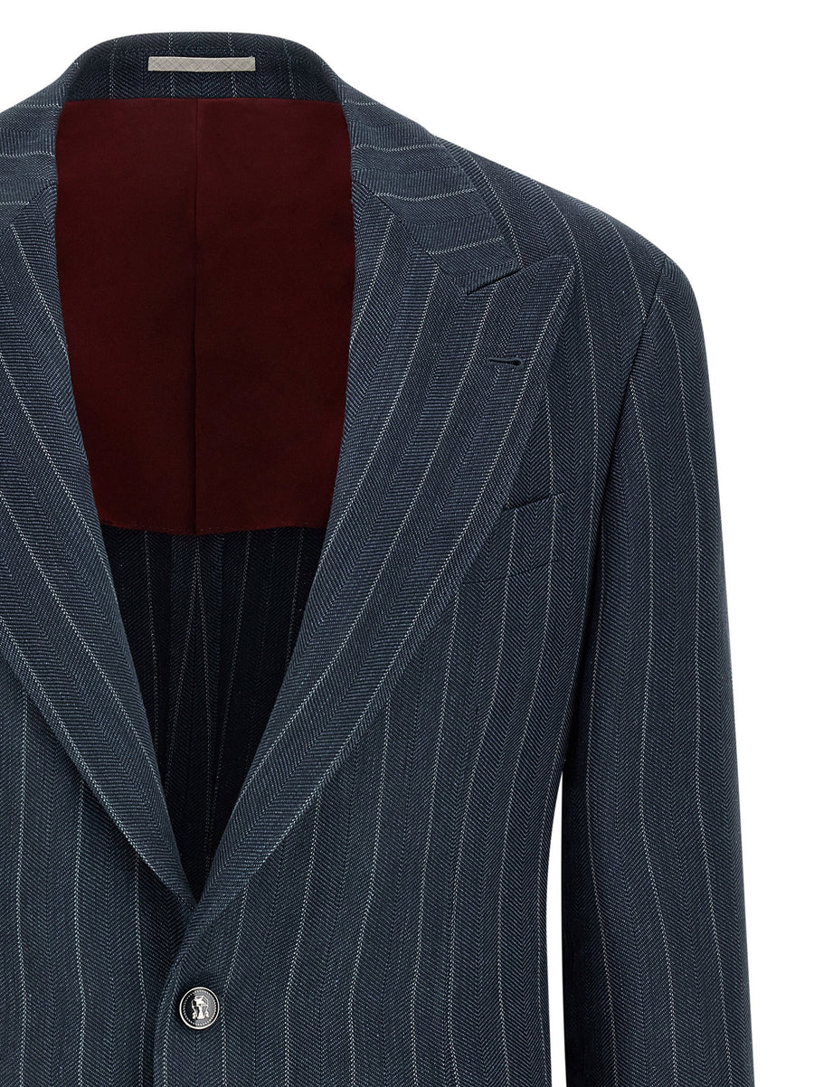 Brunello Cucinelli Hemp Silk Tailor Blazer For Men In Blue Premium Structured Jacket
