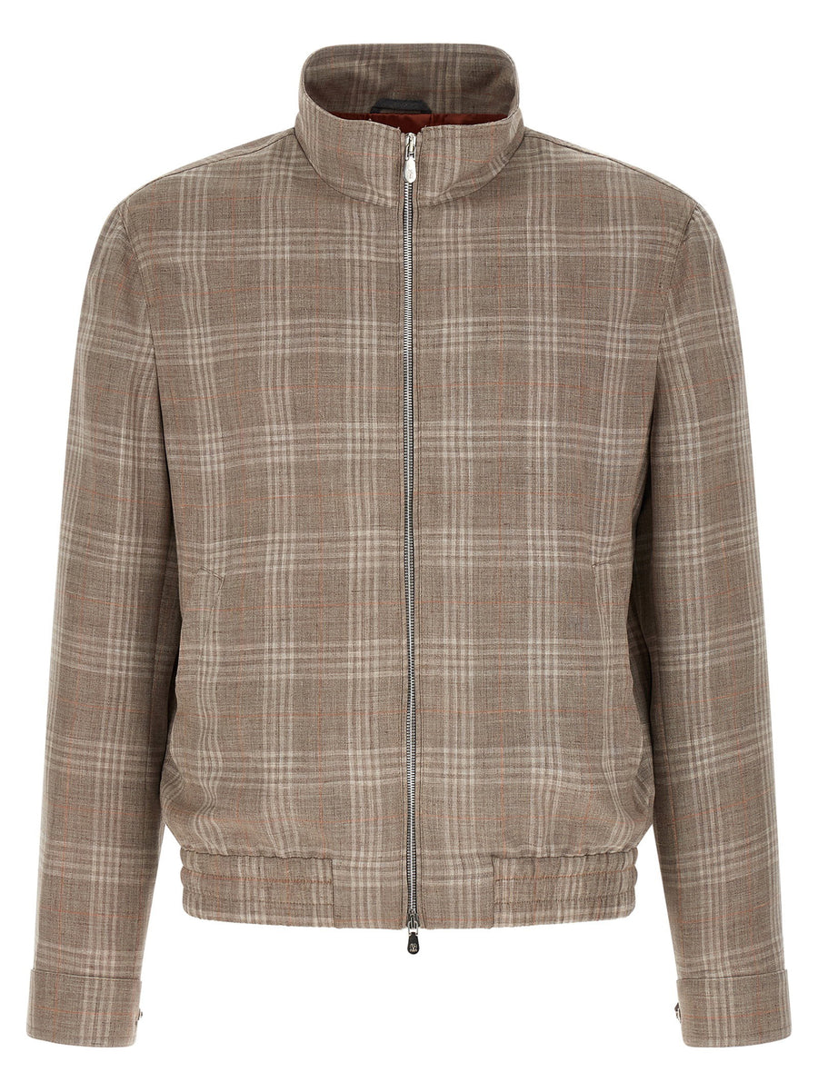 Brunello Cucinelli Brown Tartan Wool Silk Linen Blend Jacket Stand Collar