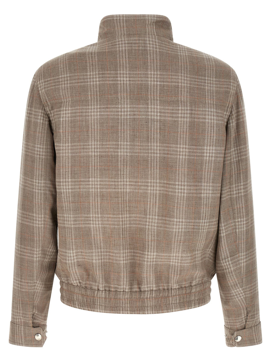 Brunello Cucinelli Brown Tartan Wool Silk Linen Blend Jacket Stand Collar