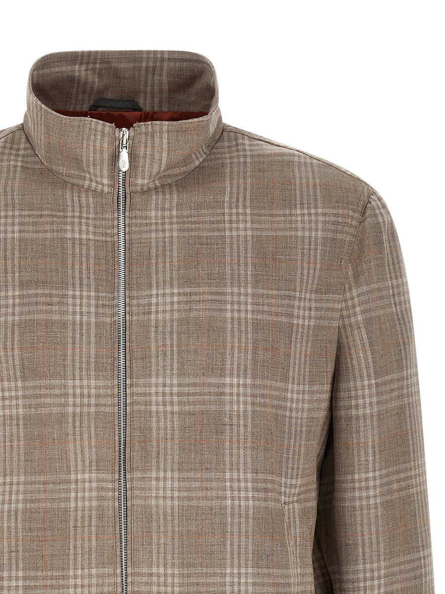 Brunello Cucinelli Brown Tartan Wool Silk Linen Blend Jacket Stand Collar