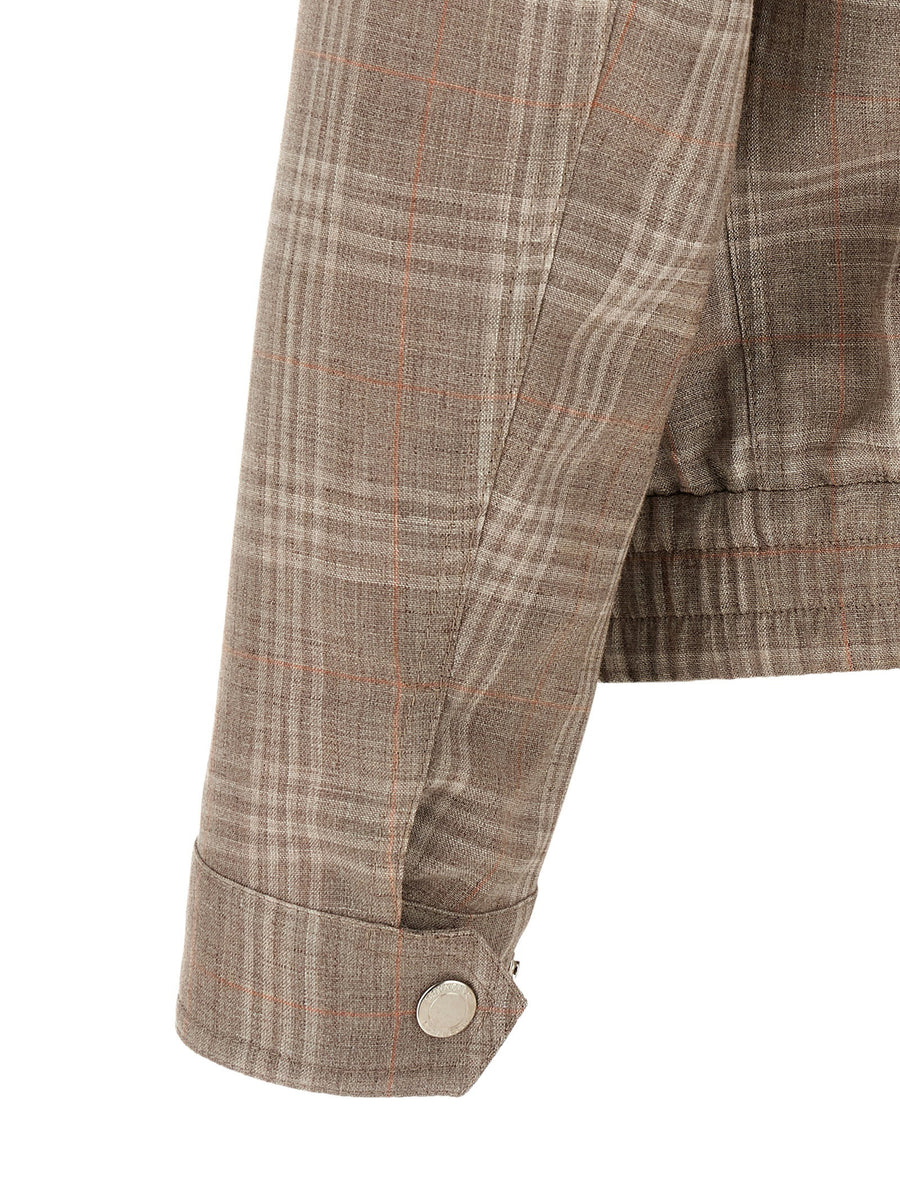 Brunello Cucinelli Brown Tartan Wool Silk Linen Blend Jacket Stand Collar