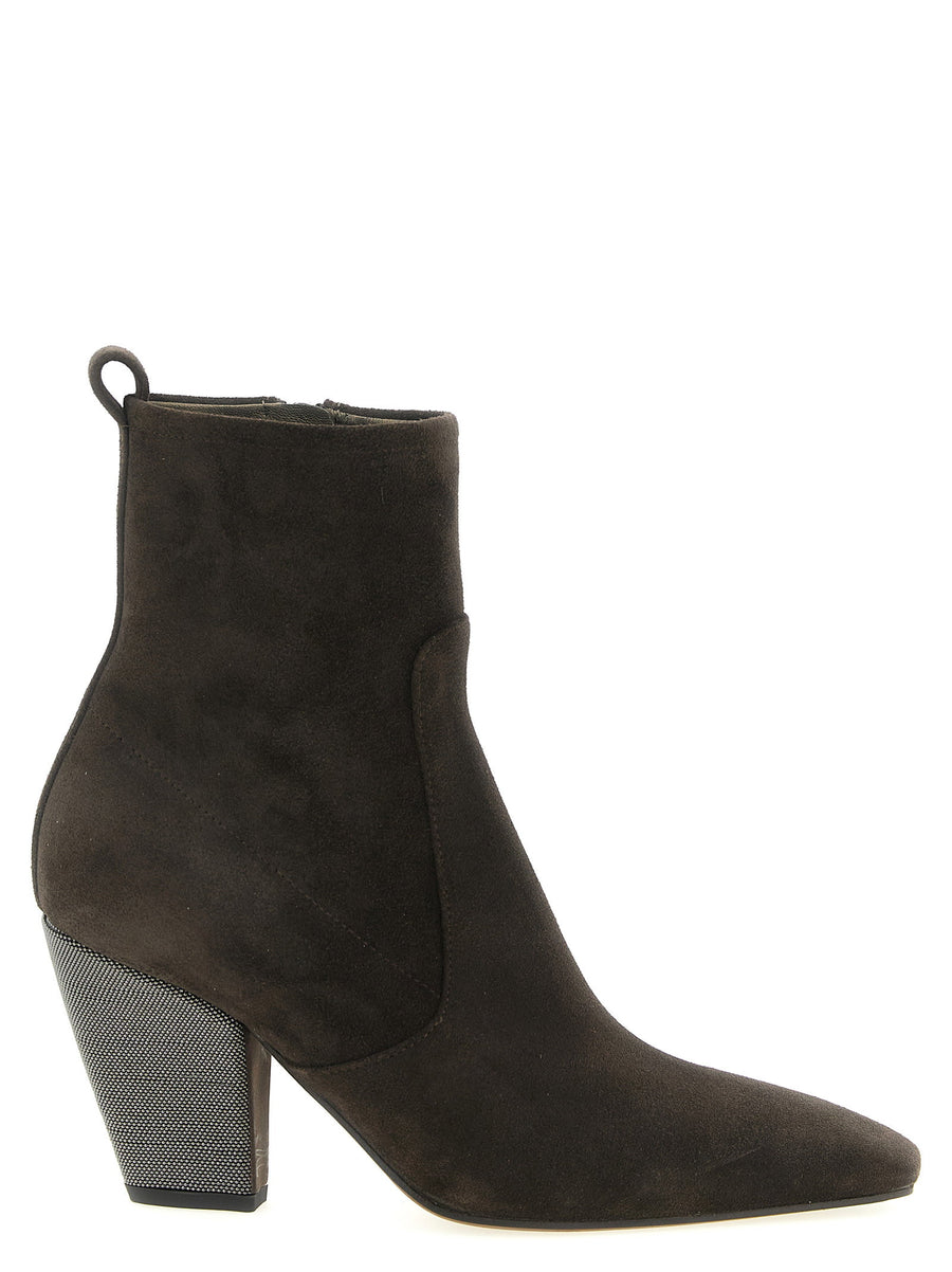 Brunello Cucinelli Precious Heel Ankle Boots for Women Suede Square Toe Side Zip Monile Heel