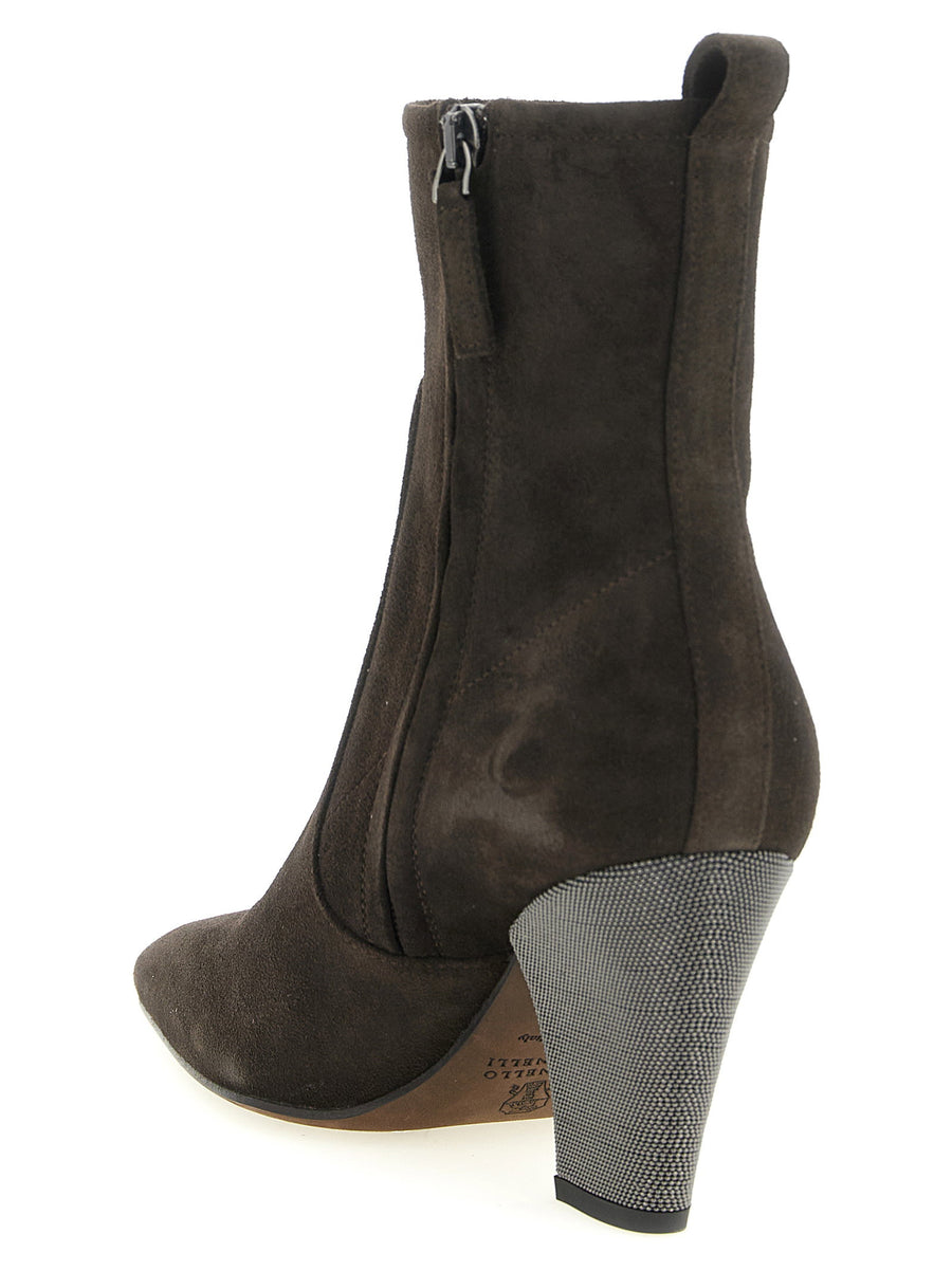 Brunello Cucinelli Precious Heel Ankle Boots for Women Suede Square Toe Side Zip Monile Heel