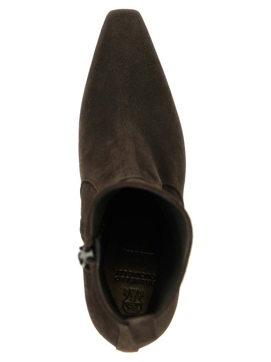 Brunello Cucinelli Precious Heel Ankle Boots for Women Suede Square Toe Side Zip Monile Heel
