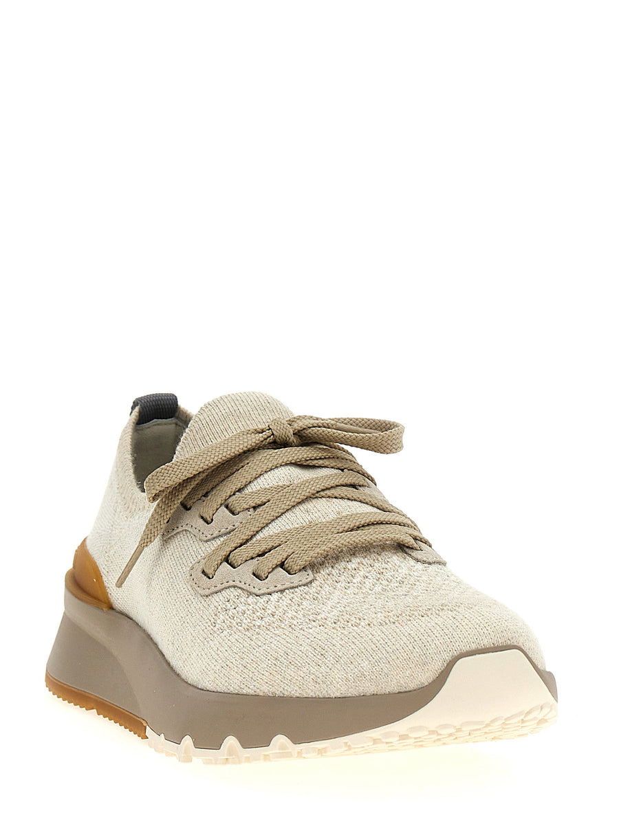 Brunello Cucinelli Beige Knitted Sneakers For Men With Rubber Sole