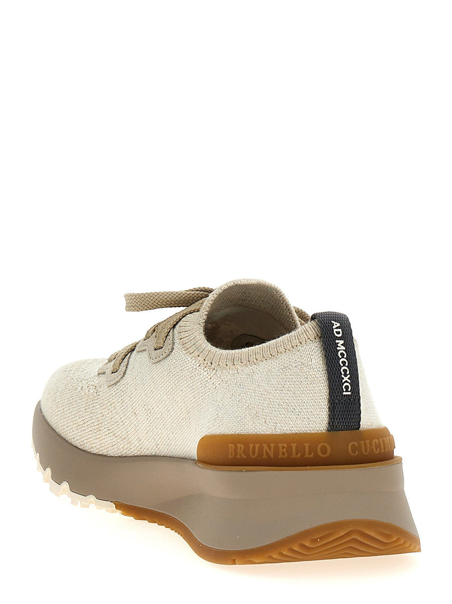Brunello Cucinelli Beige Knitted Sneakers For Men With Rubber Sole