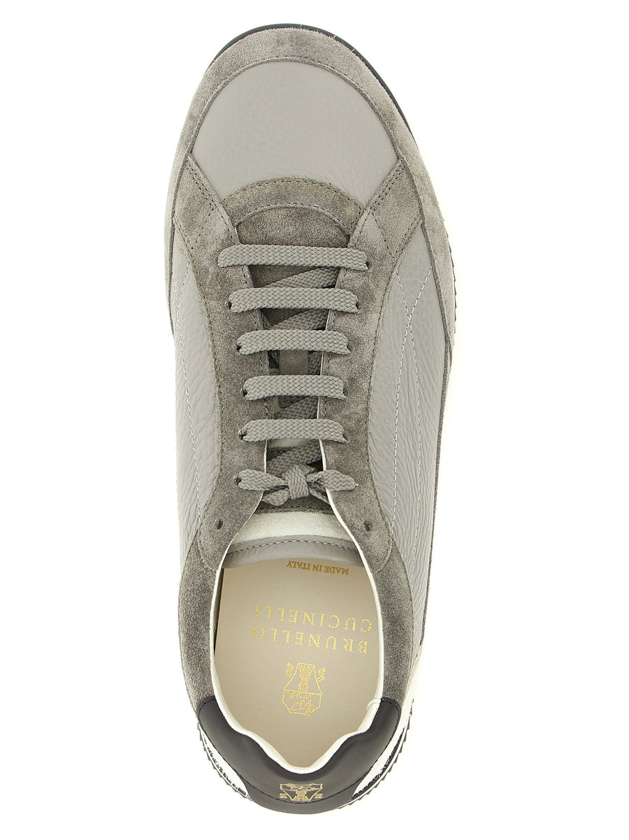 Brunello Cucinelli Deer Leather Sneakers For Men - Premium Gray Leather Embossed Logo Everyday Luxury