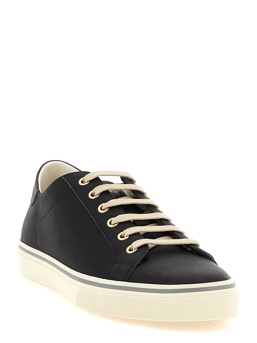 Brunello Cucinelli Black Calfskin Leather Sneakers for Men Luxury Low Top with Gold Finishes