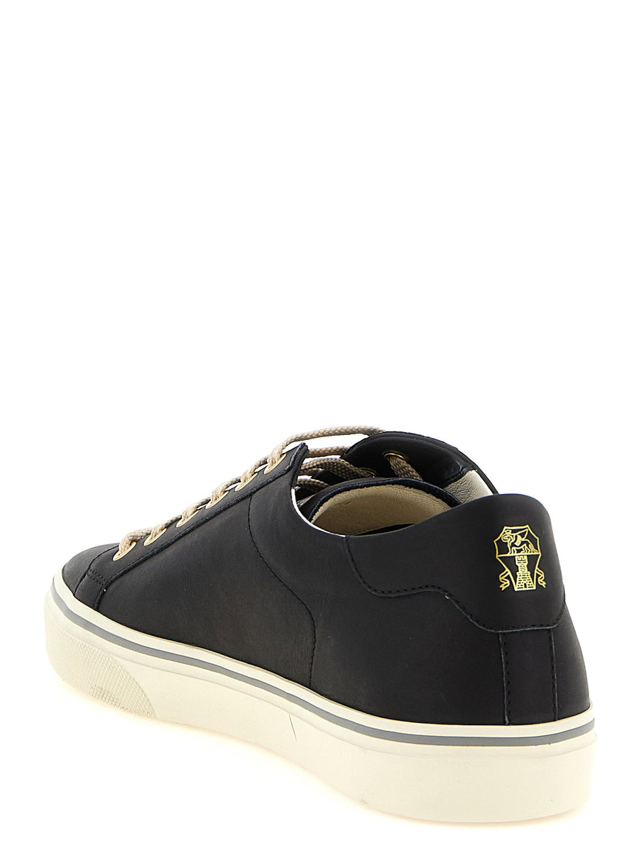 Brunello Cucinelli Black Calfskin Leather Sneakers for Men Luxury Low Top with Gold Finishes