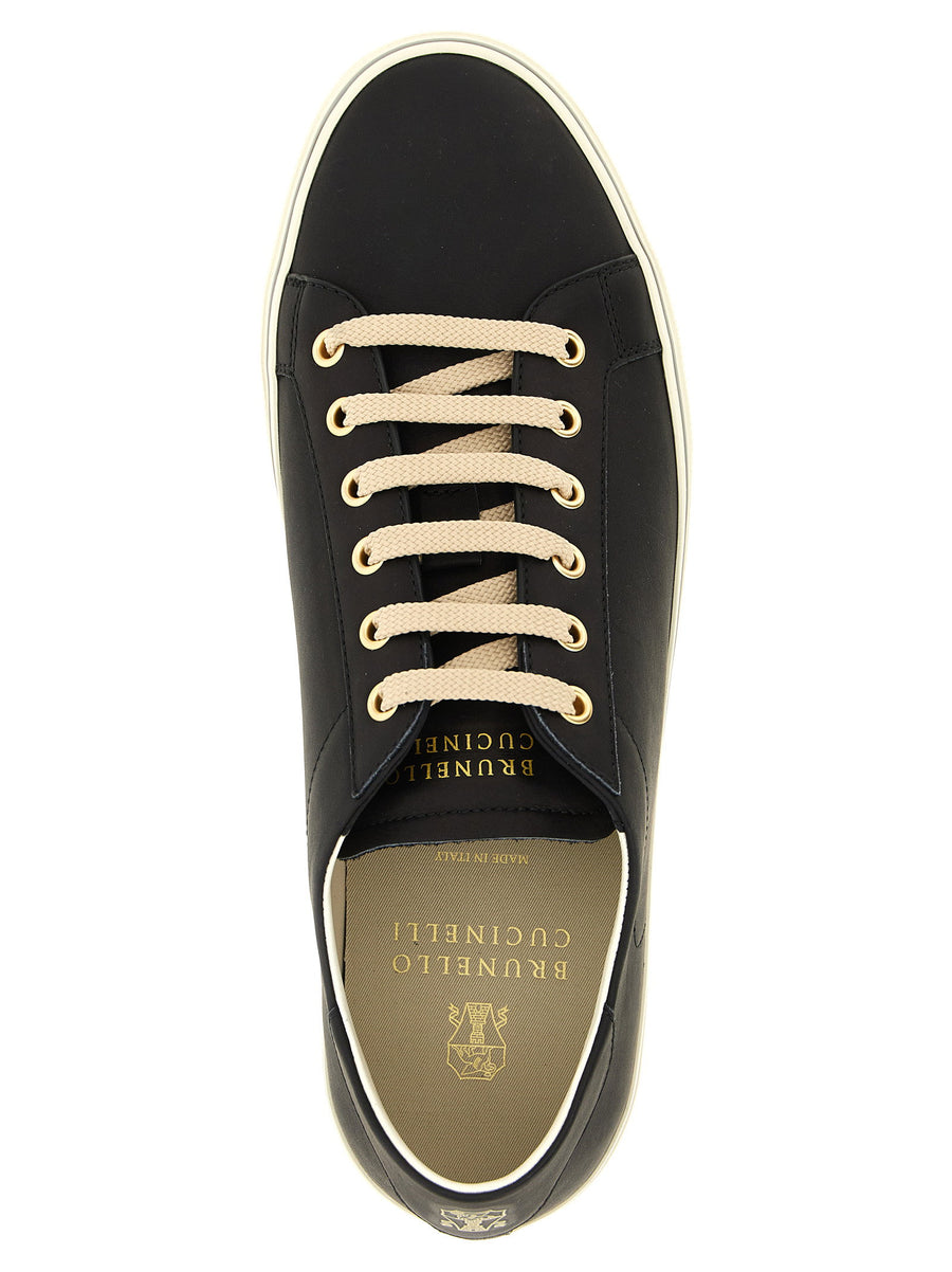 Brunello Cucinelli Black Calfskin Leather Sneakers for Men Luxury Low Top with Gold Finishes