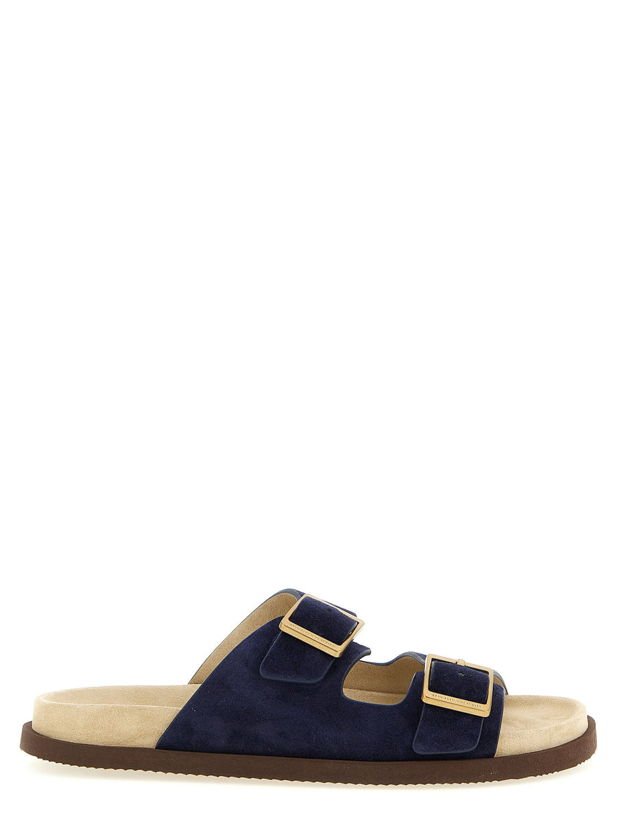 Brunello Cucinelli Urban Double Band Slide Sandals Blue Calfskin