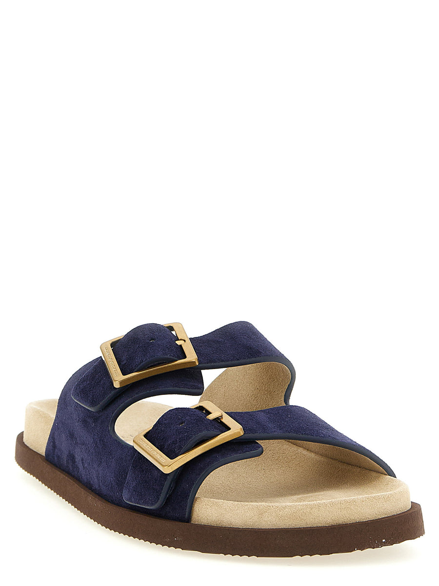 Brunello Cucinelli Urban Double Band Slide Sandals Blue Calfskin