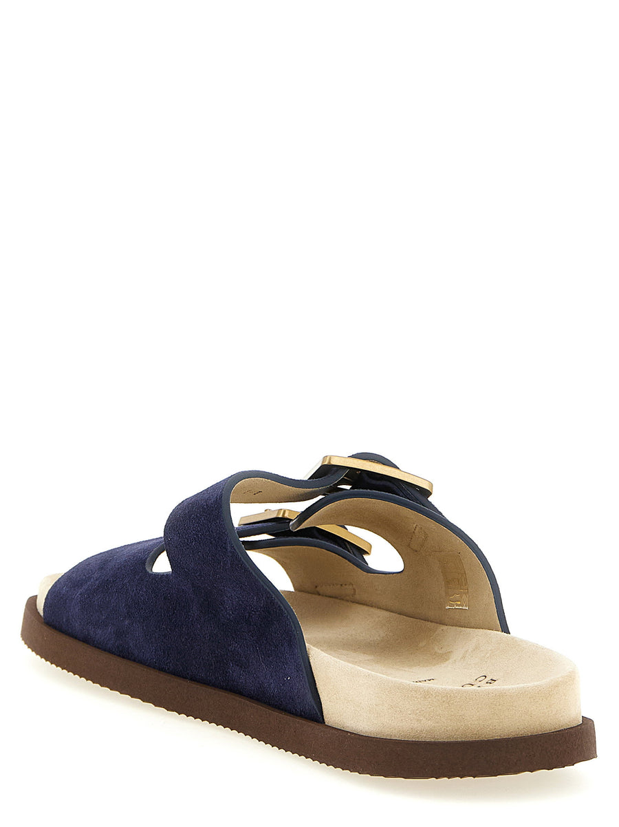 Brunello Cucinelli Urban Double Band Slide Sandals Blue Calfskin