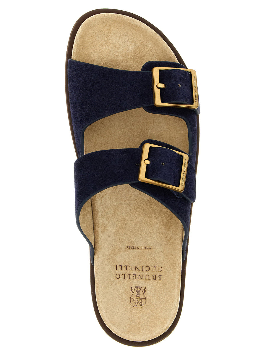 Brunello Cucinelli Urban Double Band Slide Sandals Blue Calfskin