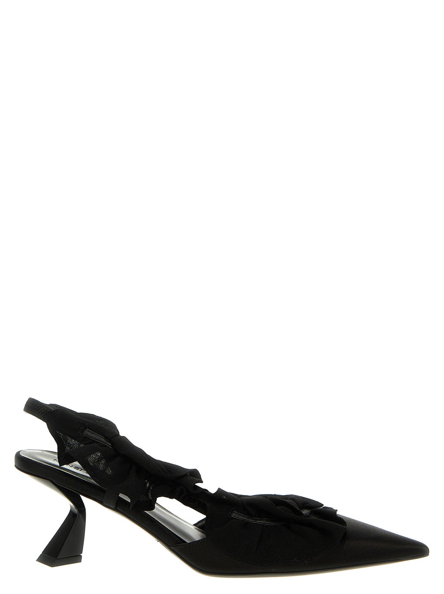 Nensi Dojaka Black Leather Satin Slingback Pumps With Ruffles 6.5 cm Heel