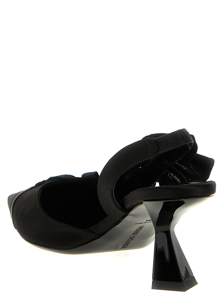 Nensi Dojaka Black Leather Satin Slingback Pumps With Ruffles 6.5 cm Heel