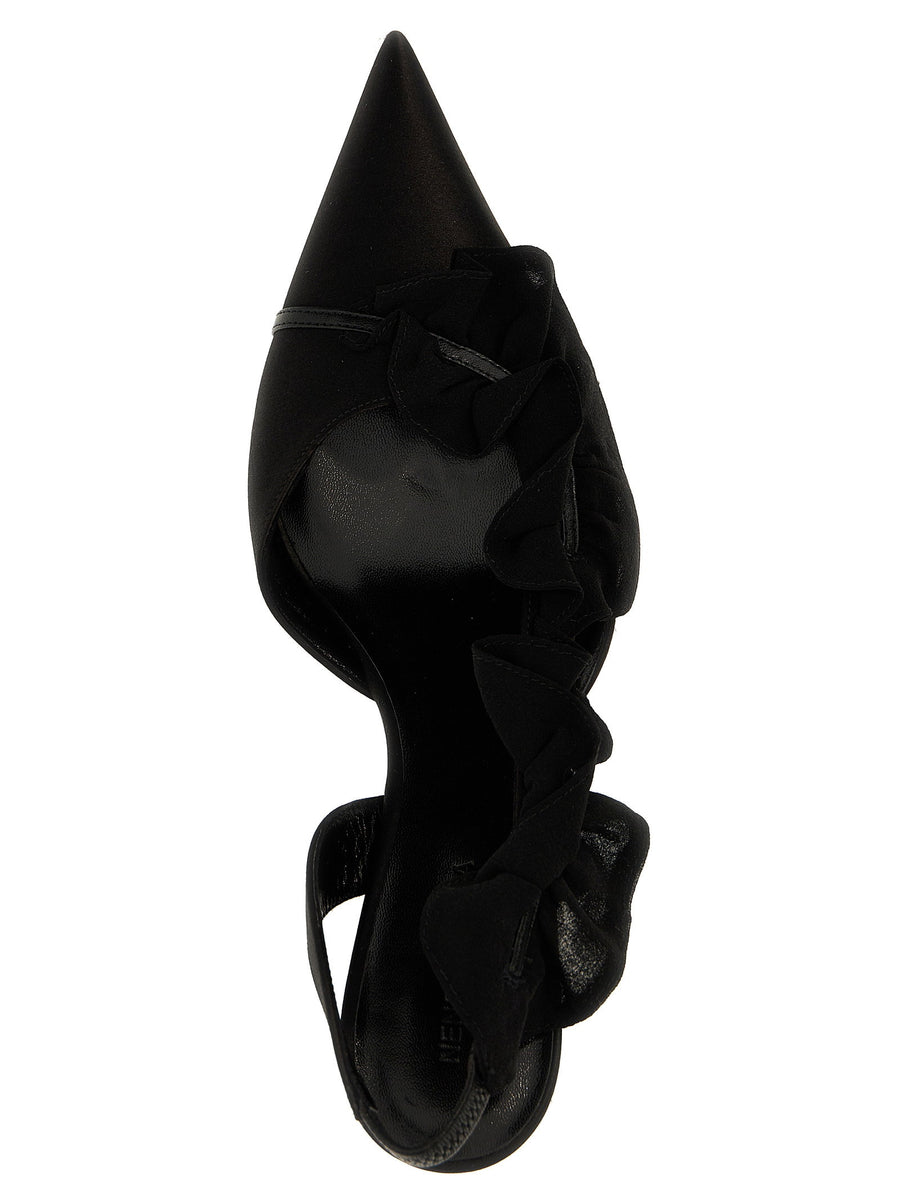 Nensi Dojaka Black Leather Satin Slingback Pumps With Ruffles 6.5 cm Heel