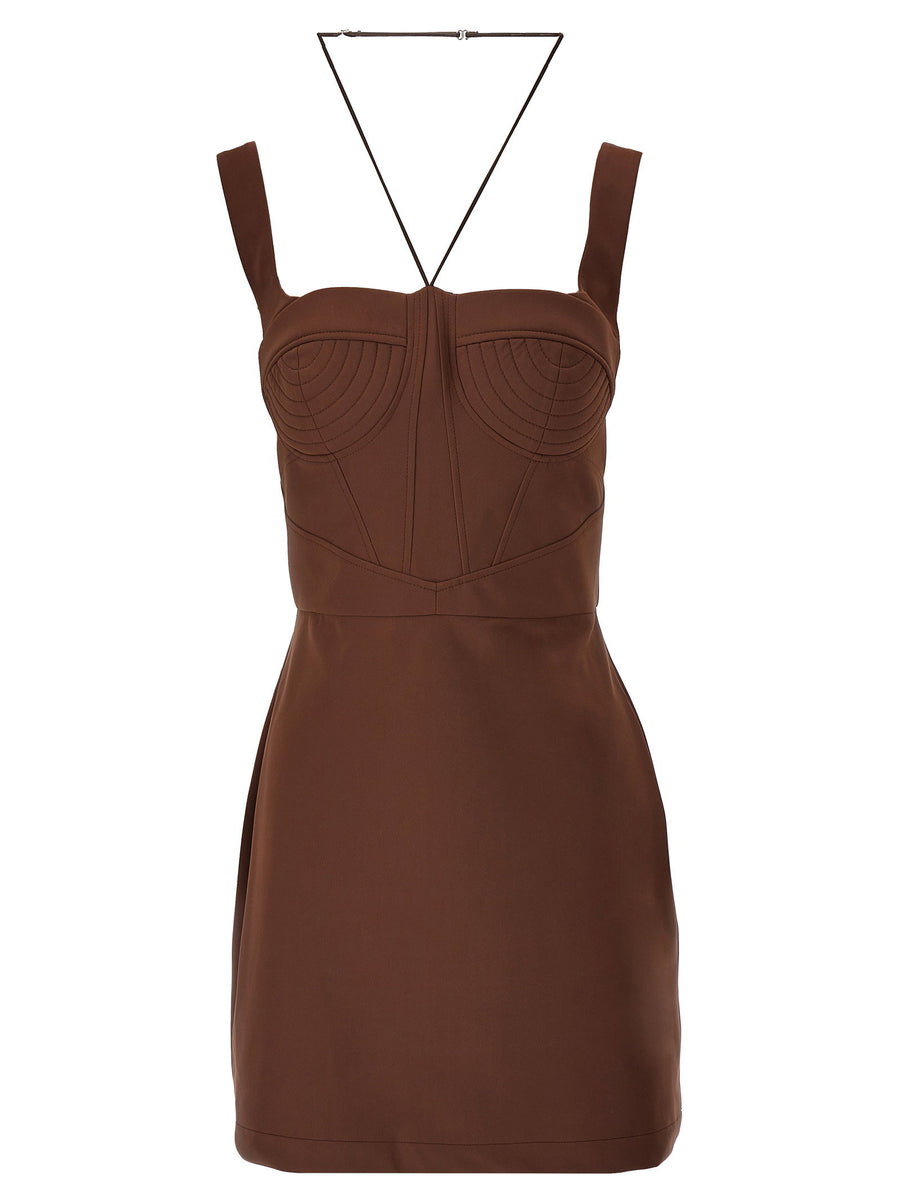 Nensi Dojaka Maddie Brown Stretch Mini Dress With Bustier Neck Tie