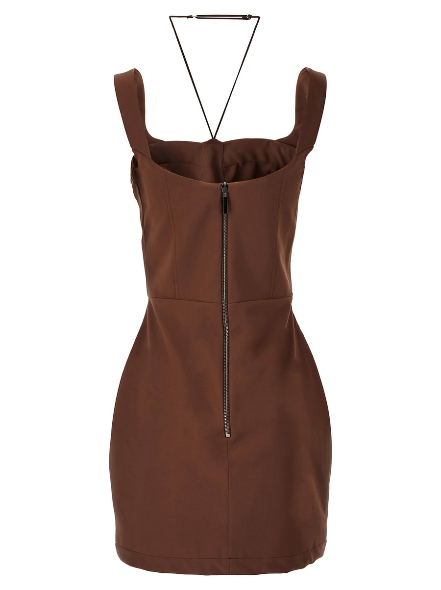 Nensi Dojaka Maddie Brown Stretch Mini Dress With Bustier Neck Tie