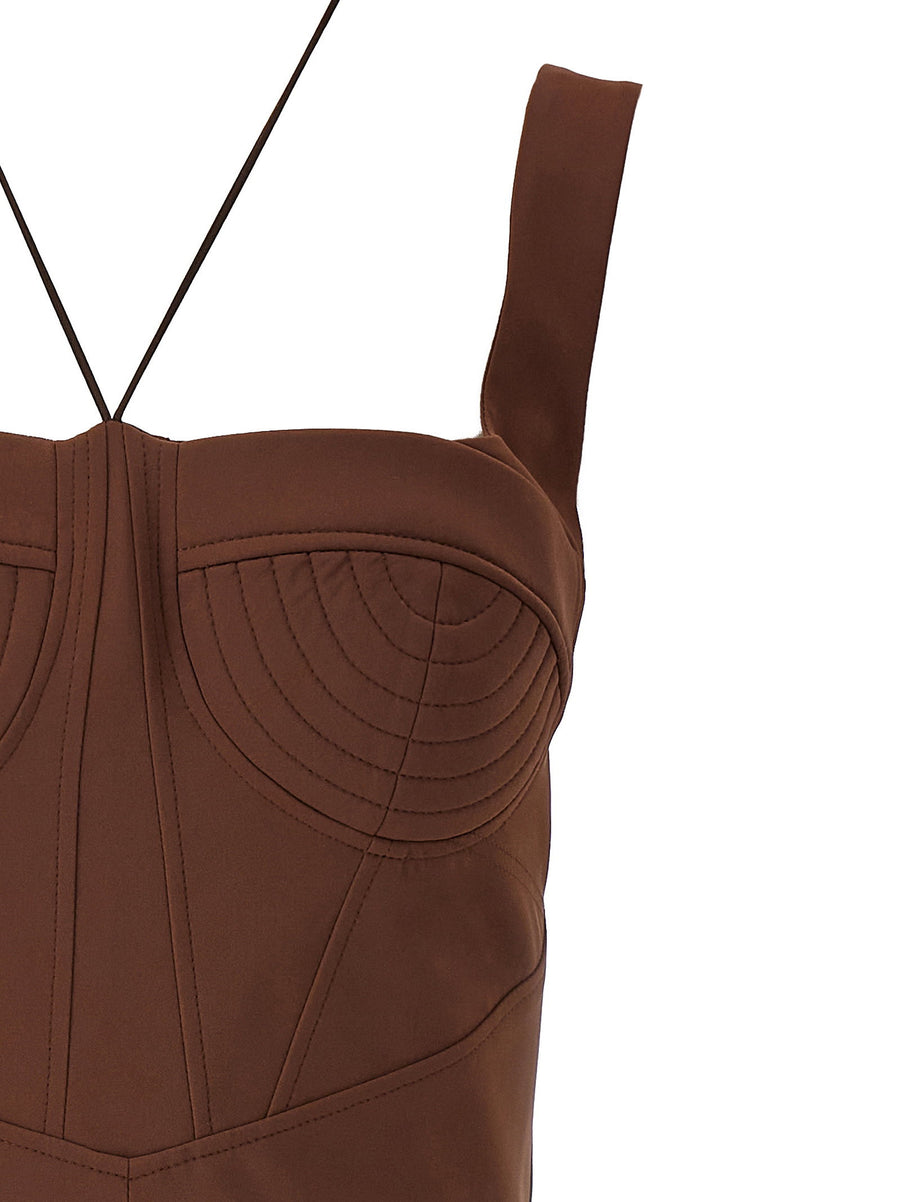 Nensi Dojaka Maddie Brown Stretch Mini Dress With Bustier Neck Tie