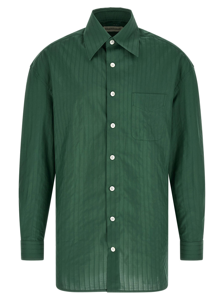 Namacheko Grinda Shirt For Men Green Cotton Poplin With Tonal Jacquard Stripes Luxurious Oversized Fit For Layering