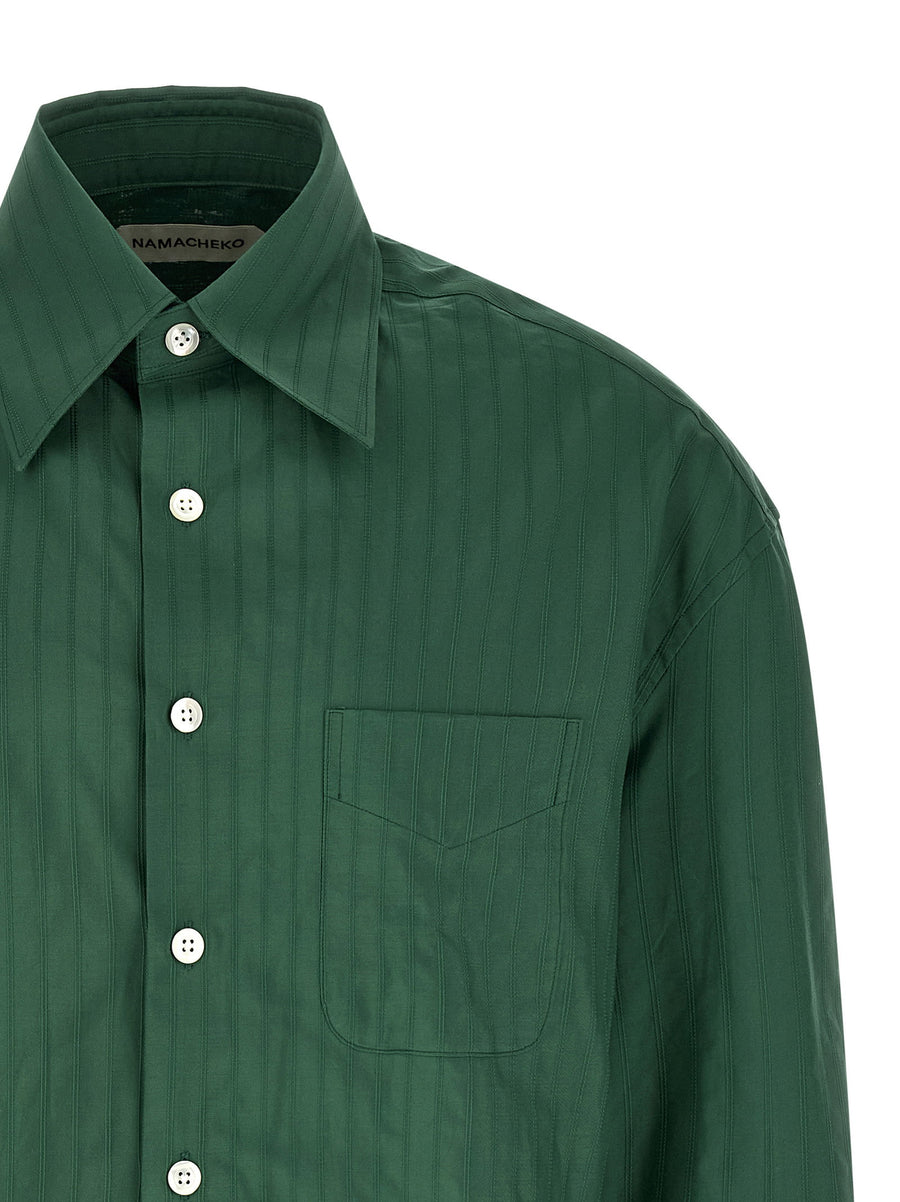 Namacheko Grinda Shirt For Men Green Cotton Poplin With Tonal Jacquard Stripes Luxurious Oversized Fit For Layering