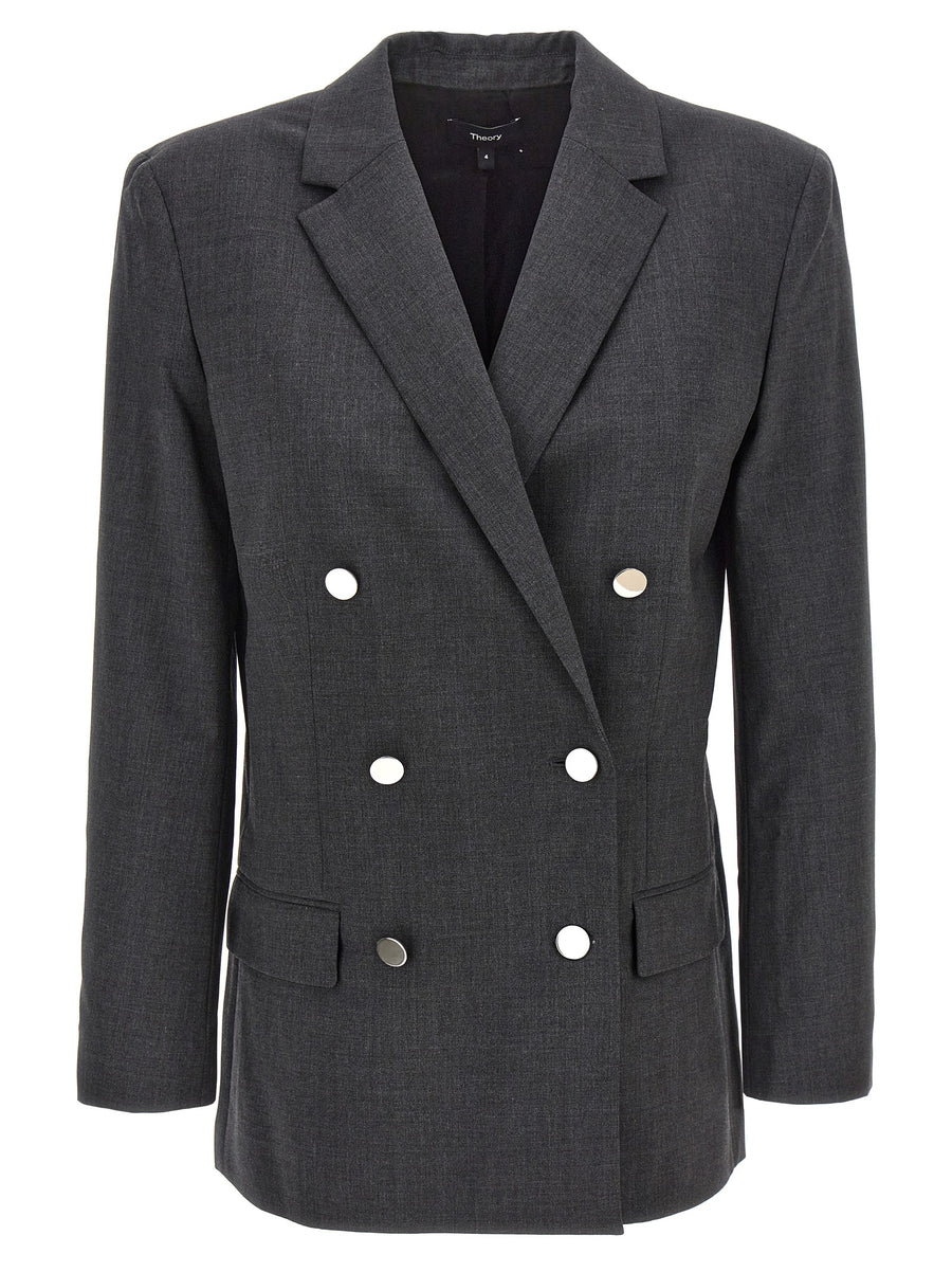 Theory Boxy Wool Blazer For Women Double Breasted Gray Elastane Comfort Tailored Office Wear