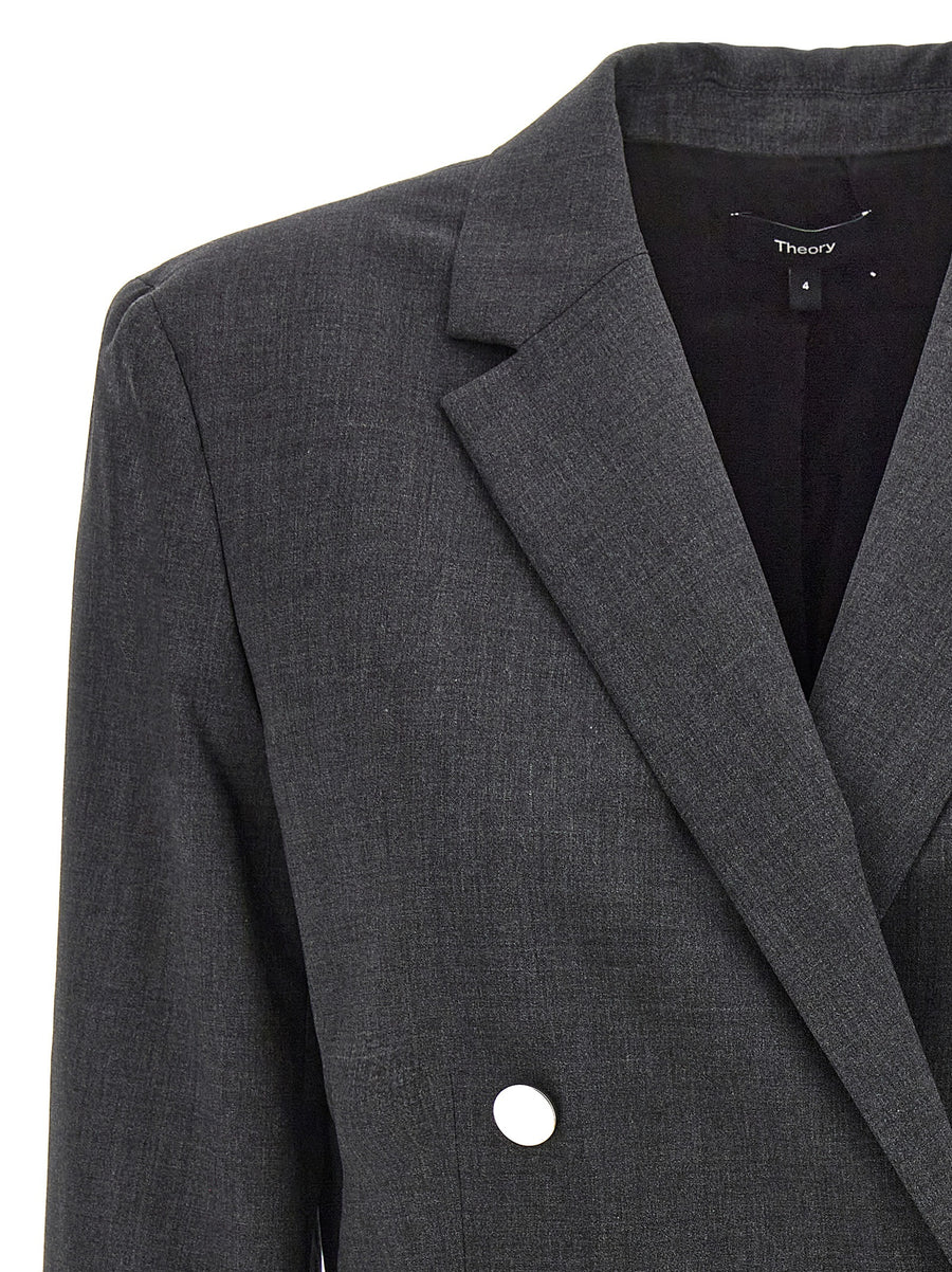Theory Boxy Wool Blazer For Women Double Breasted Gray Elastane Comfort Tailored Office Wear