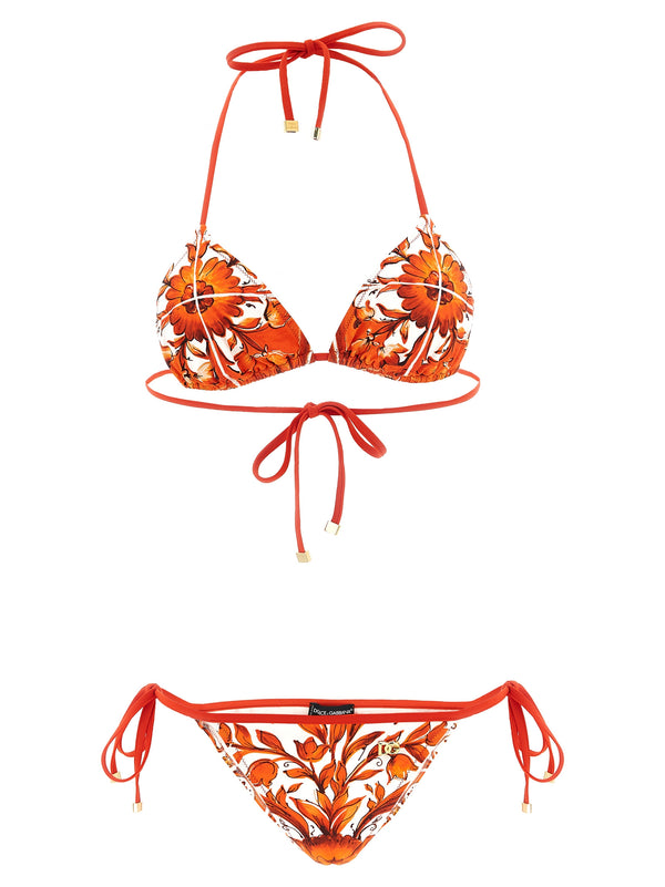 Dolce Gabbana Maiolica Bikini Orange Print Adjustable Fit Handcrafted Luxury Beachwear For Women