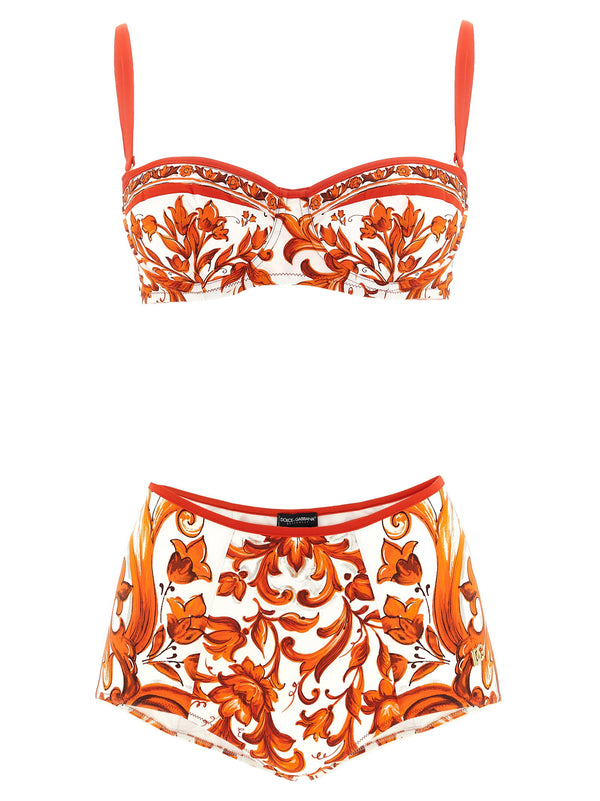 Maiolica Bikini Dolce And Gabbana Luxury Print Padded Balcony Top With Removable Straps High Waist Women Beachwear