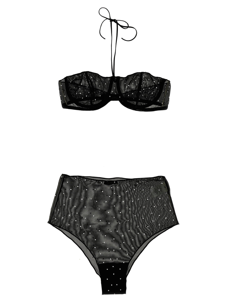 Osèree Gem Necklace Set Black Mesh Beachwear Lingerie With Rhinestones Underwire Top Removable Padding Neck Ties Women