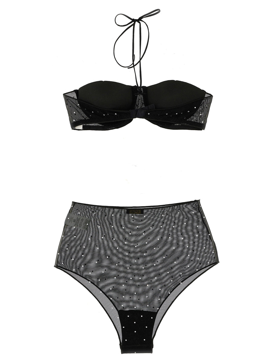 Osèree Gem Necklace Set Black Mesh Beachwear Lingerie With Rhinestones Underwire Top Removable Padding Neck Ties Women