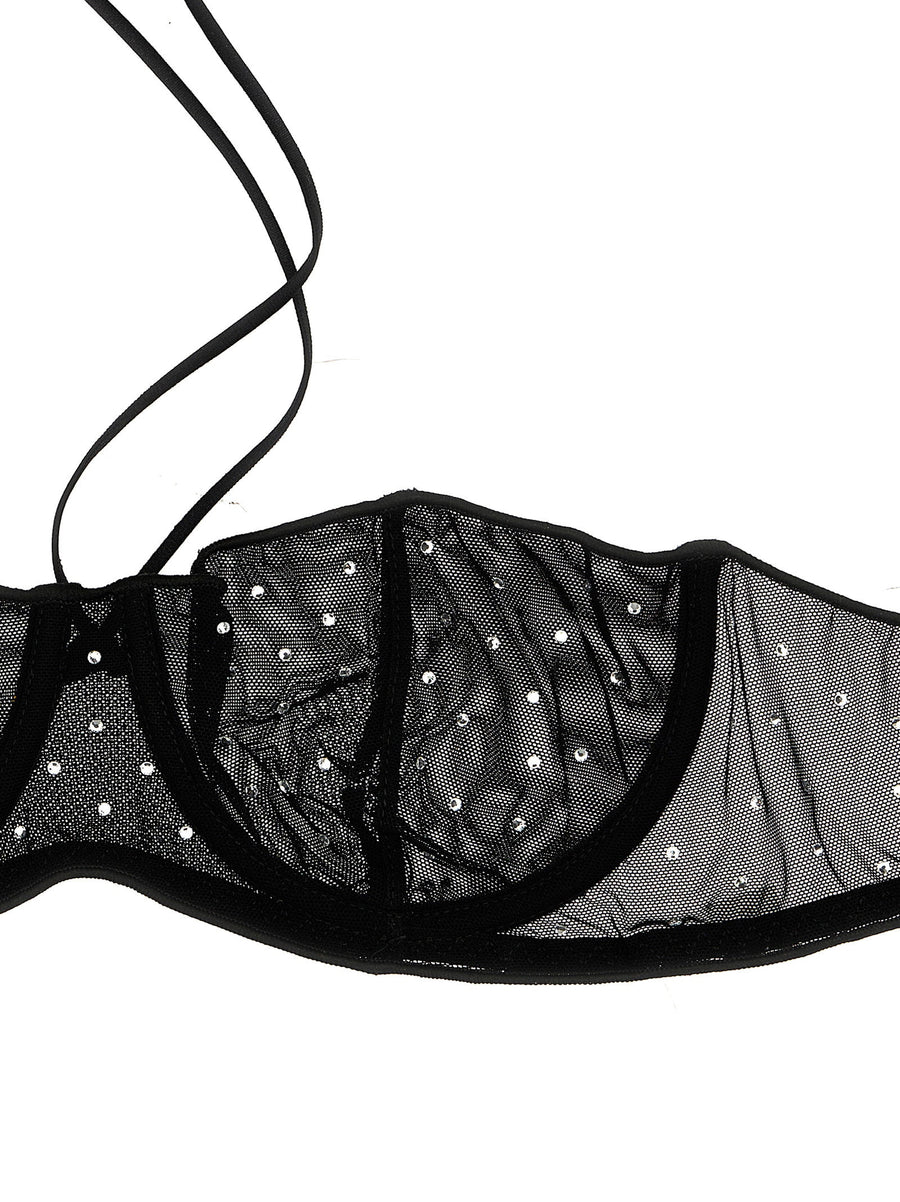Osèree Gem Necklace Set Black Mesh Beachwear Lingerie With Rhinestones Underwire Top Removable Padding Neck Ties Women