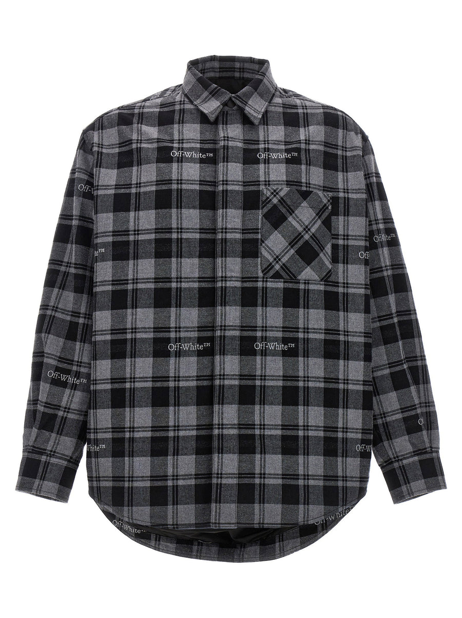 Off White Check Flannel Padded Jacket For Men, Warm Lined Plaid Layering Essential