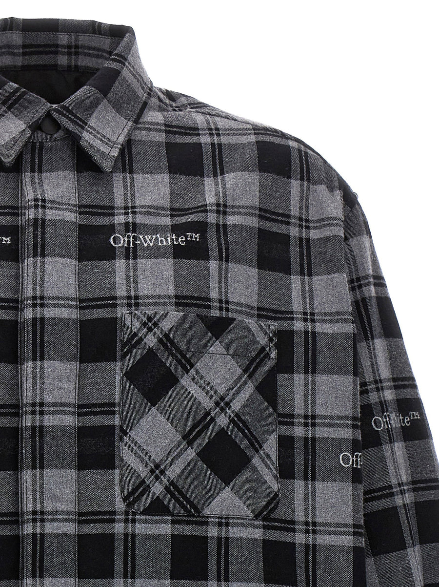Off White Check Flannel Padded Jacket For Men, Warm Lined Plaid Layering Essential