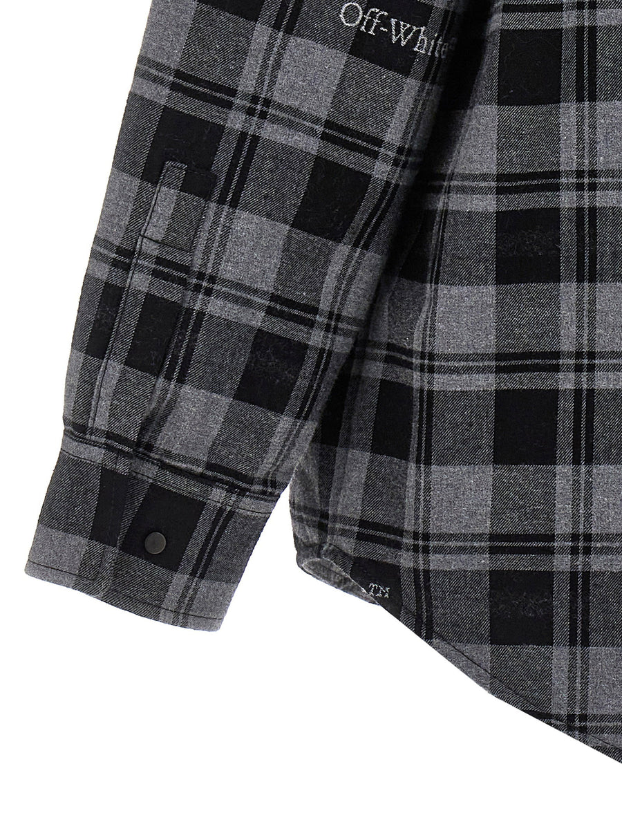 Off White Check Flannel Padded Jacket For Men, Warm Lined Plaid Layering Essential