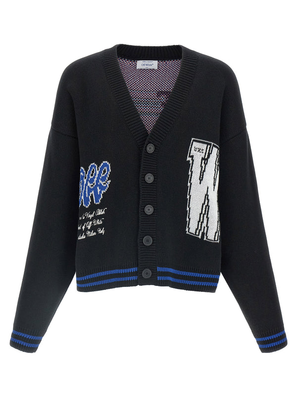 Off White Glide Cardigan For Men Heavy Cotton Knit Black With Inlays Embroidery V Neck Button Closure